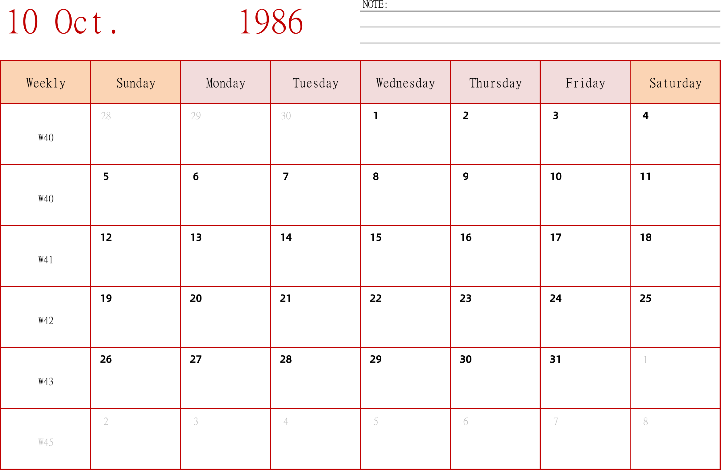 日历表1986年日历 英文版 横向排版 周日开始 带周数